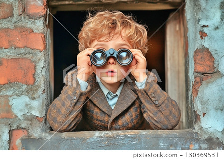Child peering into binoculars 130369531
