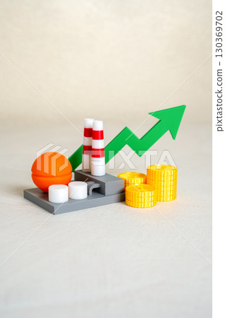 Industrial enterprise and green arrow up. Positive growth, sector recovery, rising profits, energy demand, chemical market expansion Industrial enterprise and green arrow up. Positive growth, sector recovery, rising profits, energy demand, chemical market expansion 130369702