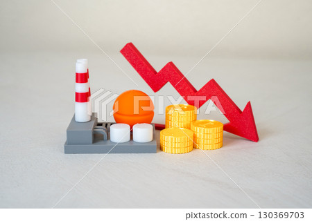 Industrial plant and red arrow down. Declining output, economic downturn, sector losses, reduced demand, crisis in energy and chemicals. Industrial plant and red arrow down. Declining output, economic downturn, sector losses, reduced demand, crisis in energy and chemicals. 130369703