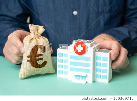 Hospital and euro money bag, health financing, medical funding, public investment, healthcare economy, innovation in medicine 130369713