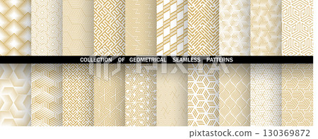 Geometric set of seamless golden and white patterns. Simple vector graphics Geometric set of seamless golden and white patterns. Simple vector graphics 130369872