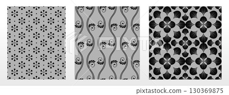 Geometric floral set of seamless patterns. Gray and black vector backgrounds. Damask graphic ornaments Geometric floral set of seamless patterns. Gray and black vector backgrounds. Damask graphic ornaments 130369875