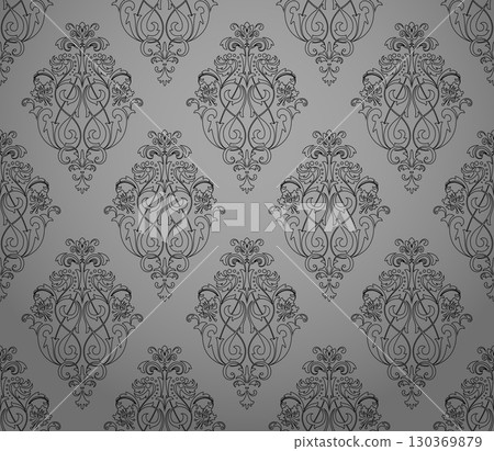 Wallpaper in the style of Baroque. Gray and black floral ornament. Seamless vector background. Graphic pattern for fabric, wallpaper, packaging. Ornate Damask flower illustration Wallpaper in the style of Baroque. Gray and black floral ornament. Seamless vector background. Graphic pattern for fabric, wallpaper, packaging. Ornate Damask flower illustration 130369879