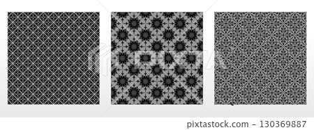 Geometric floral set of seamless patterns. Gray and black vector backgrounds. Damask graphic ornaments 130369887