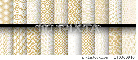Geometric set of seamless golden and white patterns. Simple vector graphics Geometric set of seamless golden and white patterns. Simple vector graphics 130369916