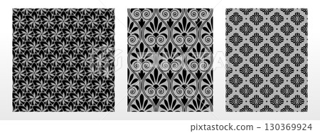 Geometric floral set of seamless patterns. Gray and black vector backgrounds. Damask graphic ornaments Geometric floral set of seamless patterns. Gray and black vector backgrounds. Damask graphic ornaments 130369924