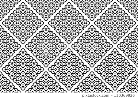 Flower geometric pattern. Seamless vector background. White and black ornament. Ornament for fabric, wallpaper, packaging. Decorative print. 130369926