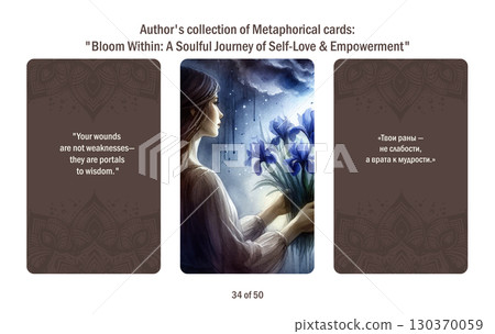 Metaphorical cards for women. Blossom from within a soulful journey to self-love and empowerment, answers to questions. Metaphorical cards for women. Blossom from within a soulful journey to self-love and empowerment, answers to questions. 130370059