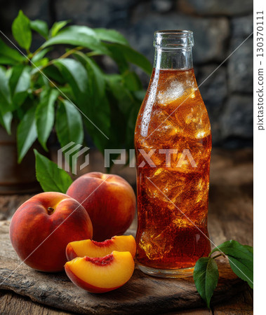 Refreshing summer peach iced tea with fresh slices nearby 130370111
