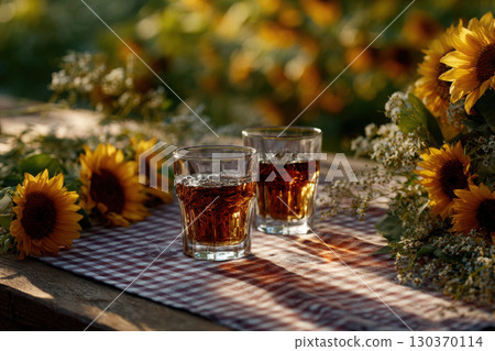 Iced tea and sunflowers create a lively summer picnic atmosphere 130370114