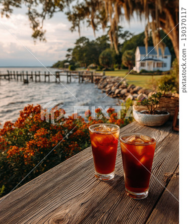 Iced tea on a dock beside a tranquil waterfront at dusk 130370117