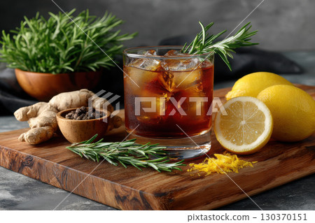 Iced tea cocktail with ginger, lemon zest, and rosemary garnish 130370151
