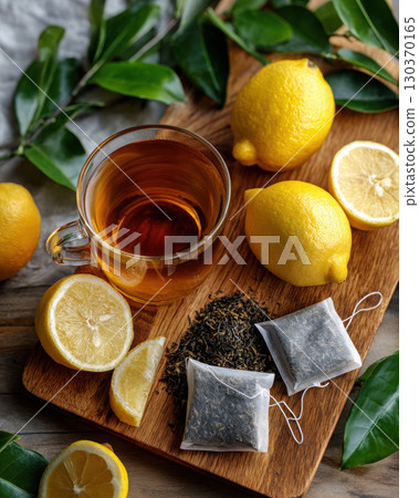 Enjoying refreshing iced tea with lemons and tea bags 130370165