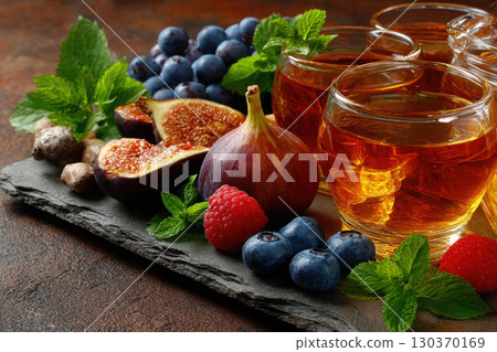 Summer fruits with iced tea for a refreshing treat 130370169