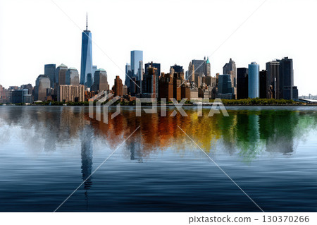 Vibrant watercolor skyline at dusk reflects a colorful rainbow 130370266
