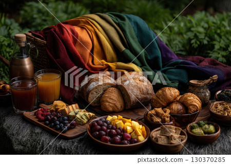 Celebrating pride with a colorful picnic feast on grass 130370285