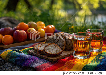 Colorful picnic celebration featuring rainbow-themed treats 130370286