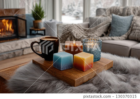 Cozy candle setup with rainbow wax melts and warm light 130370315