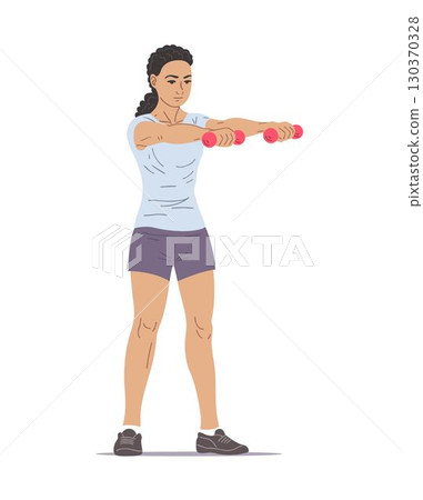 Woman doing standing front raise with dumbbells 130370328