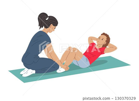 Physiotherapist helping girl with abdominal exercise 130370329