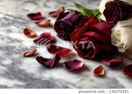 Rose petals artistically arranged on a marble countertop 130370381