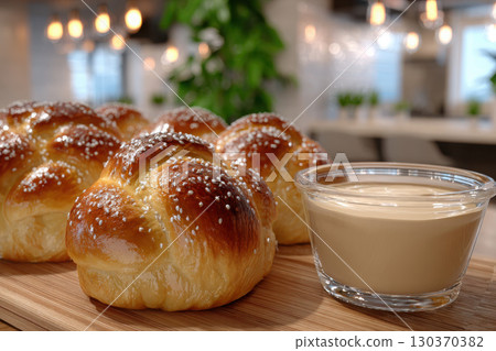 Freshly baked cheese bread and cream in a cozy kitchen 130370382
