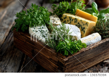 Wooden crate filled with artisanal cheeses and fresh herbs 130370394