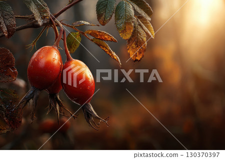 Wild rose hips illuminated by golden afternoon light 130370397