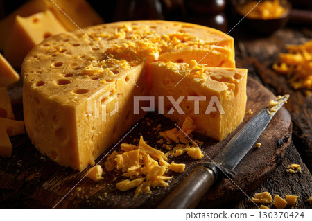 Close-up of a golden cheese wheel with knife on wooden board 130370424