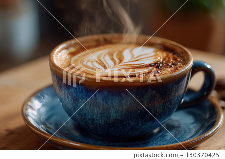 Steaming latte with intricate foam art in ceramic cup 130370425