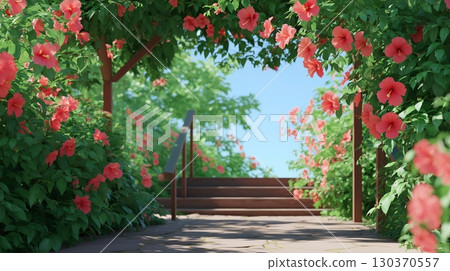 Colorful hibiscus flowers decorate the tropical sidewalks 130370557