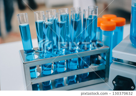 Collaboration, tablet or science with people in lab together for research or development. Innovation, tech and microscope with scientist team in clinical trial for planning or medical investigation 130370632