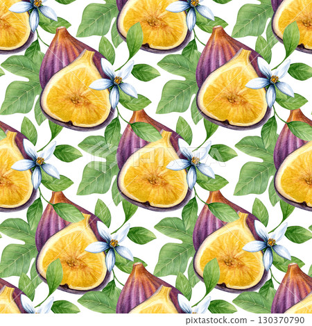 Pattern of figs, flowers and leaves. Watercolor of tropical fruits, white flowers and leaves isolated on white background. Good for textiles and wallpaper Pattern of figs, flowers and leaves. Watercolor of tropical fruits, white flowers and leaves isolated on white background. Good for textiles and wallpaper 130370790