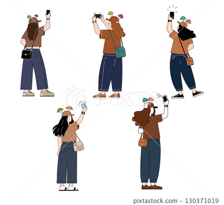 Women with Mushroom Hats Taking Pictures 130371019