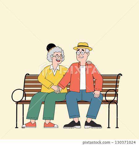 Elderly Couple on Park Bench 130371024