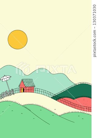 Cartoon Landscape with Lake and Sunset 130371030