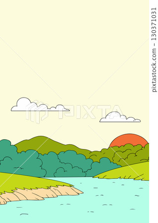 Cartoon Landscape with Lake and Sunset 130371031