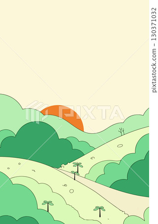 Cartoon Landscape with Lake and Sunset 130371032