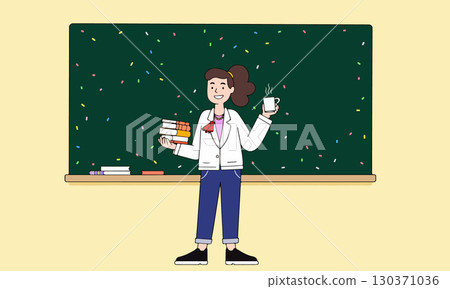 Teacher with Coffee in Classroom 130371036