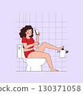 Woman sitting on toilet with thumbs up 130371058