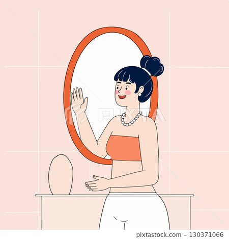 Woman Waving in Front of Mirror 130371066