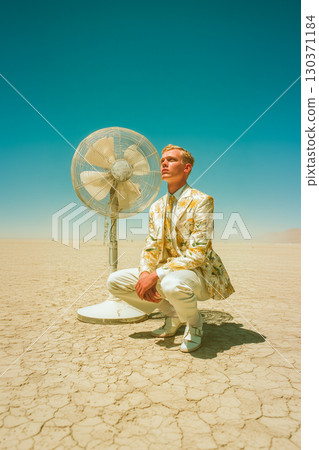 A man is sitting in the desert with a fan in front of him 130371184