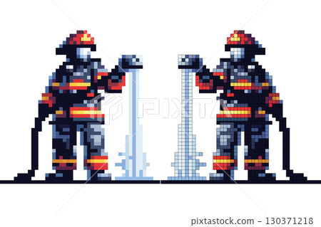 A digital artwork showcases a pixelated firefighter in action, operating a fire hose to combat flames. The colorful design highlights bravery and dedication in fire safety work A digital artwork showcases a pixelated firefighter in action, operating a fire hose to combat flames. The colorful design highlights bravery and dedication in fire safety work 130371218