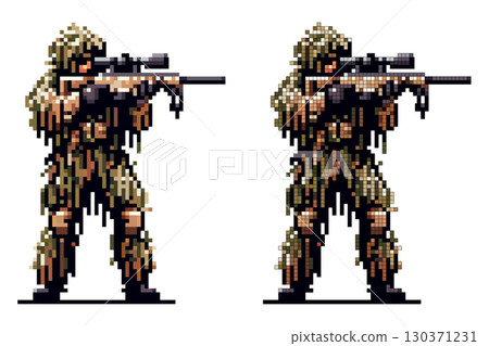 A soldier dressed in camouflage stands poised with a rifle, focusing intently on a target. The detailed pixel art showcases tactical gear and surroundings evoking a military atmosphere A soldier dressed in camouflage stands poised with a rifle, focusing intently on a target. The detailed pixel art showcases tactical gear and surroundings evoking a military atmosphere 130371231