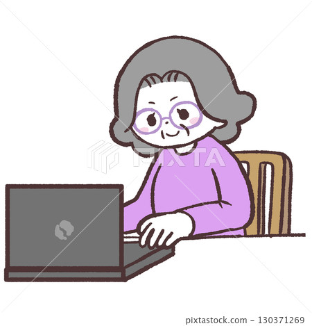 Illustration of a senior woman using a computer Illustration of a senior woman using a computer 130371269