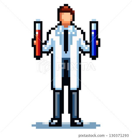 A scientist wearing a lab coat stands in a laboratory, holding a red test tube in one hand and a blue test tube in the other, showcasing a focus on experimentation and research 130371293
