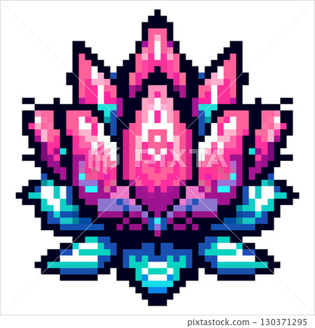 Colorful pixel art features a beautifully detailed lotus flower in shades of pink and blue. The design emphasizes the delicate petals and vibrant hues, creating a striking visual 130371295