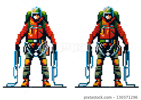 A pixelated character stands ready for an alpine expedition, featuring bright orange and green clothing. This art style captures the essence of retro gaming with detailed accessories A pixelated character stands ready for an alpine expedition, featuring bright orange and green clothing. This art style captures the essence of retro gaming with detailed accessories 130371296