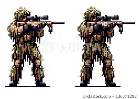 A soldier dressed in camouflage stands poised with a rifle, focusing intently on a target. The detailed pixel art showcases tactical gear and surroundings evoking a military atmosphere 130371298