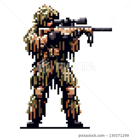 A soldier dressed in camouflage stands poised with a rifle, focusing intently on a target. The detailed pixel art showcases tactical gear and surroundings evoking a military atmosphere A soldier dressed in camouflage stands poised with a rifle, focusing intently on a target. The detailed pixel art showcases tactical gear and surroundings evoking a military atmosphere 130371299